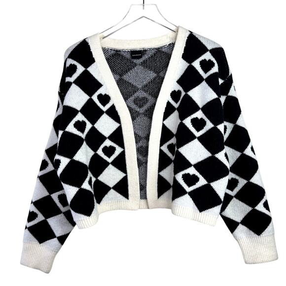 Saachi Checkered Hearts Cardigan Cropped Black White Open Front ONE SIZE - Picture 2 of 5
